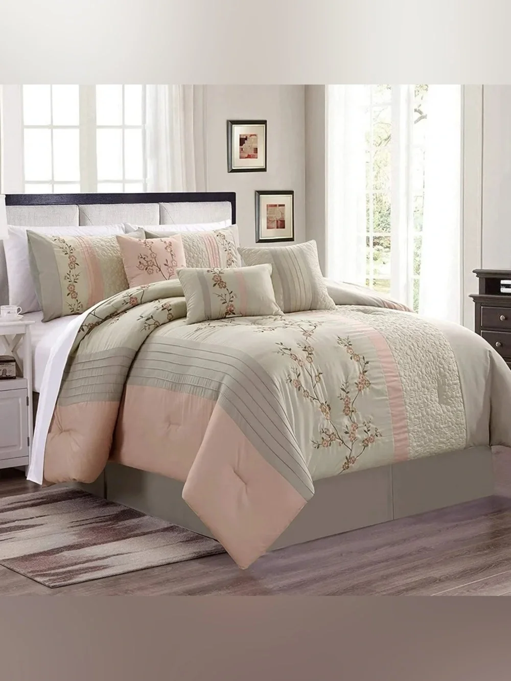 Floral Embroidered Pink and Cream king 3 piece Comforter Set